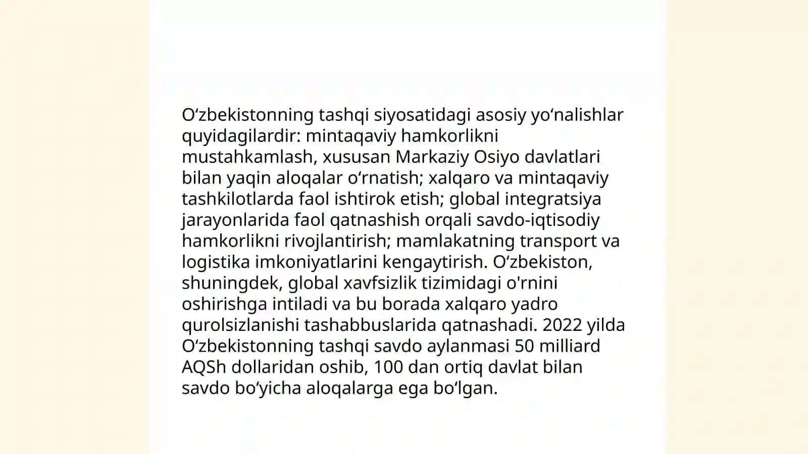 O'zbekistonning Markaziy Osiyoda tinchlik va barqarorlikni ta'minlashdagi o'rni 3