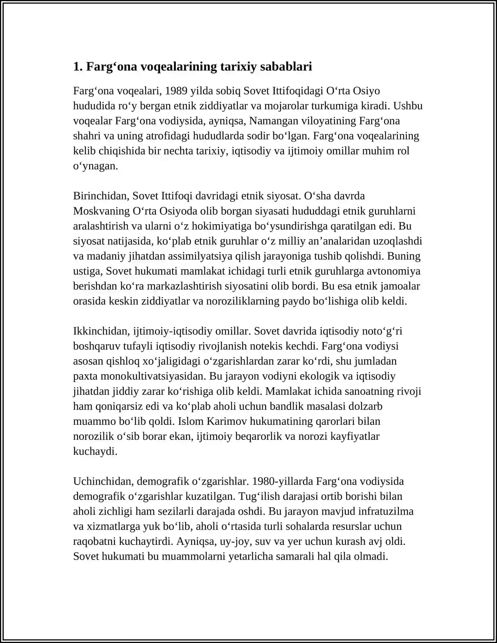 1989-YIL FARGʻONA VOQEALARI.OʻZBEKISTONDA IJTIMOIY INQIROZNING AVJ OLISHI 3