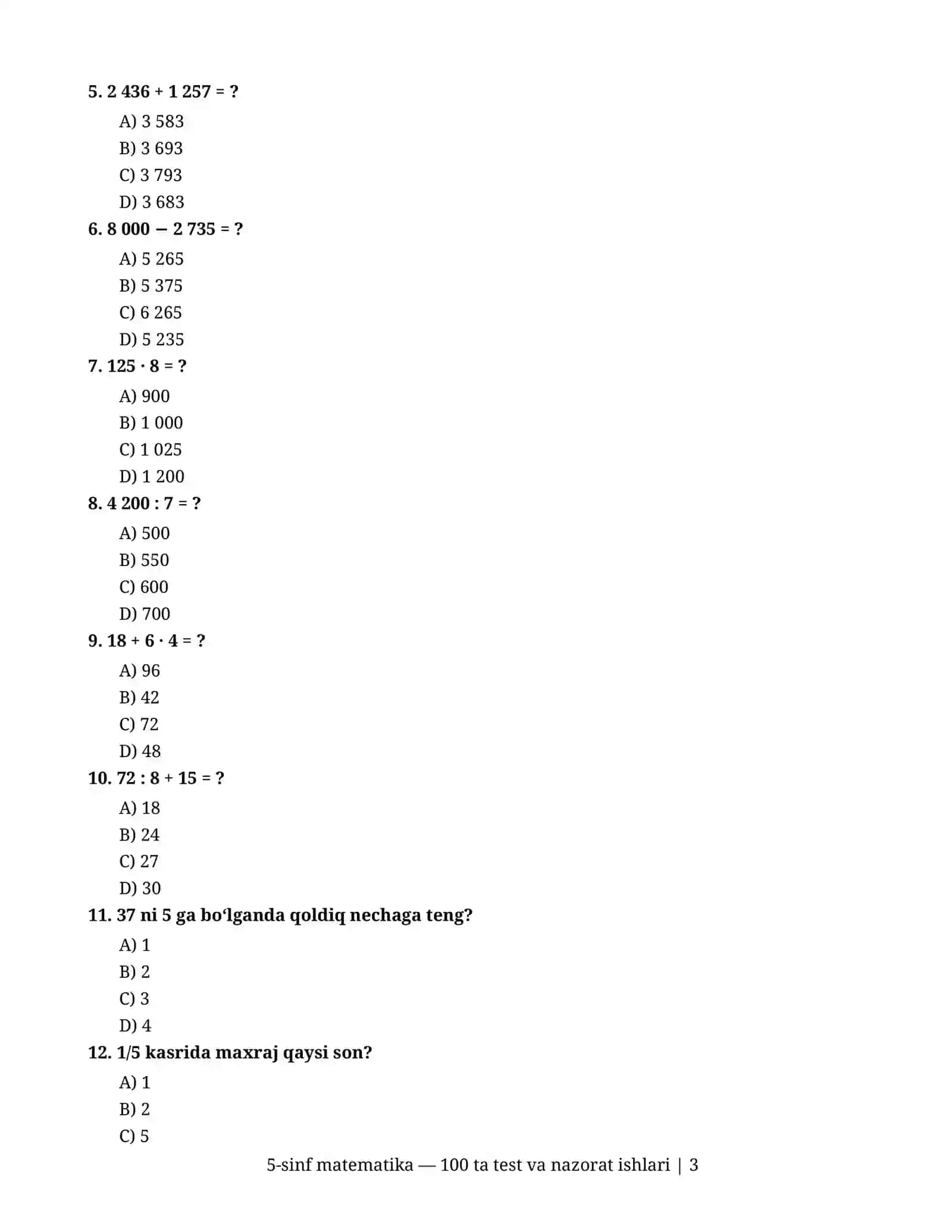 5-sinf matematika — 100 ta test va nazorat ishlari 3