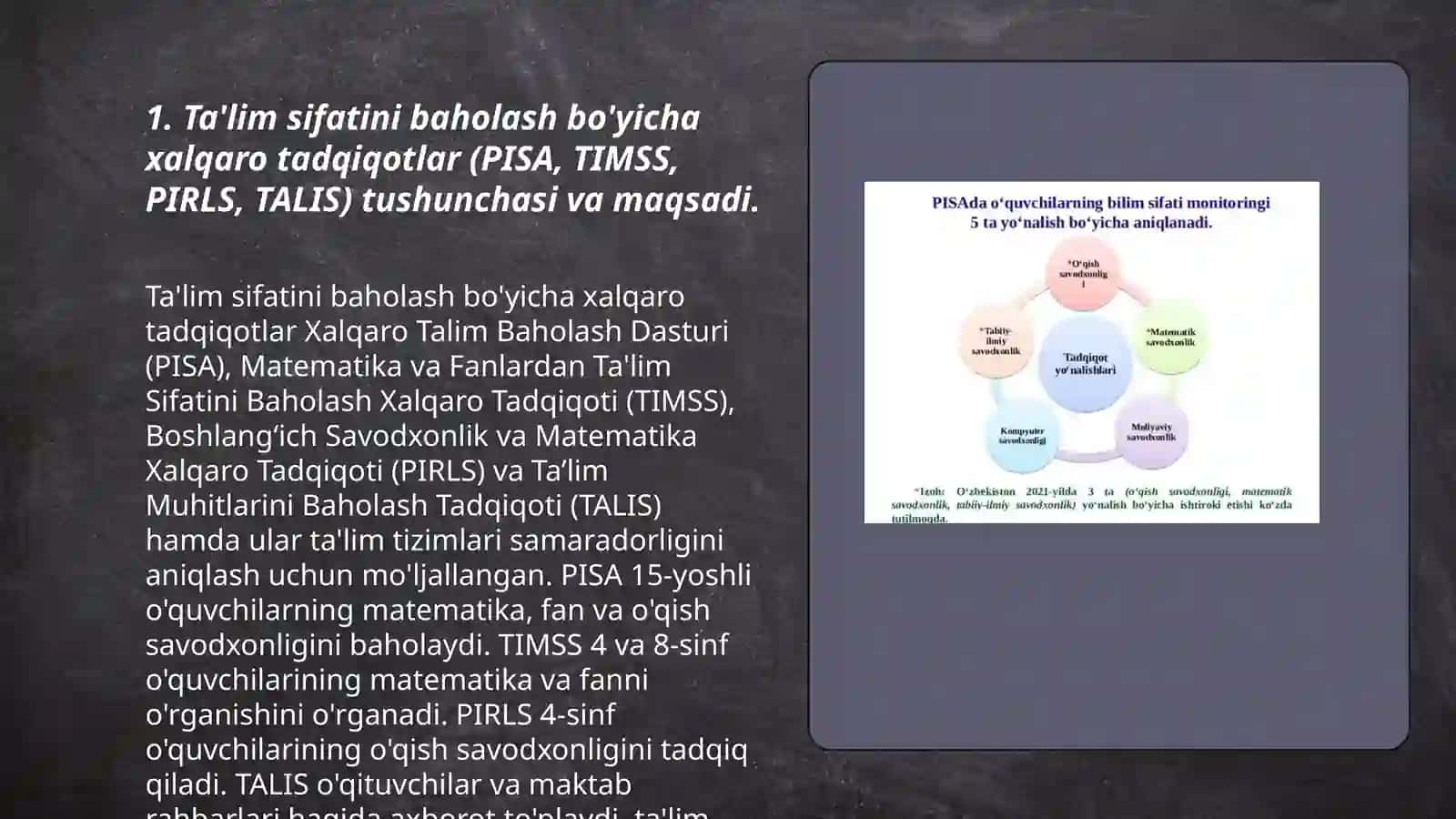 Ta'lim tizimida ta'lim sifatini baholash bo'yicha xalqaro tadqiqotlarni (PISA, TIMSS, PRILS, TALIS) joriy etishning me'yoriyi-huquqi asoslari, asosiy maqsadlar va chora tadbirlar 3