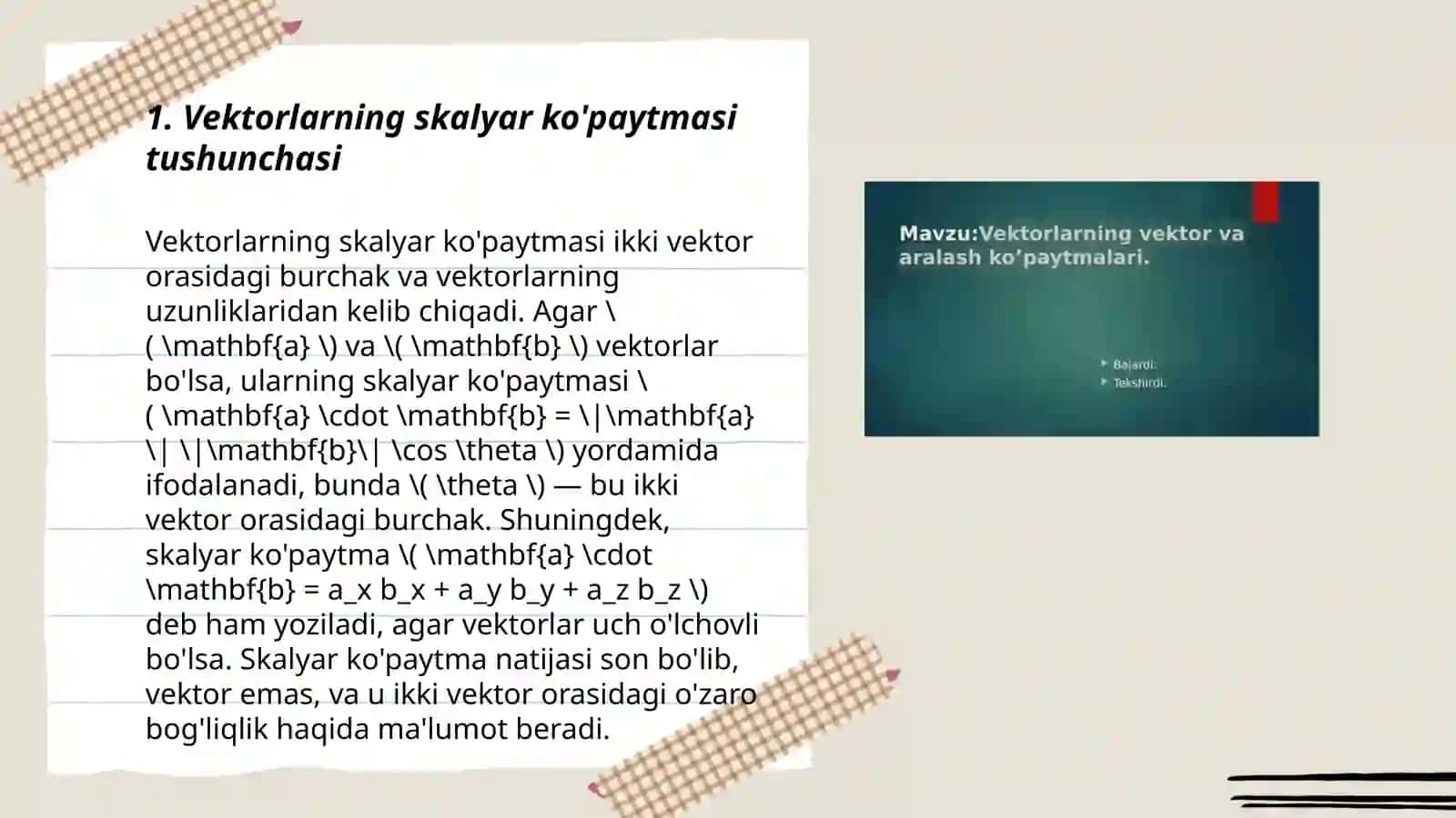 Vektorlarning skalyar,vektor va aralash ko'paytmalari 3