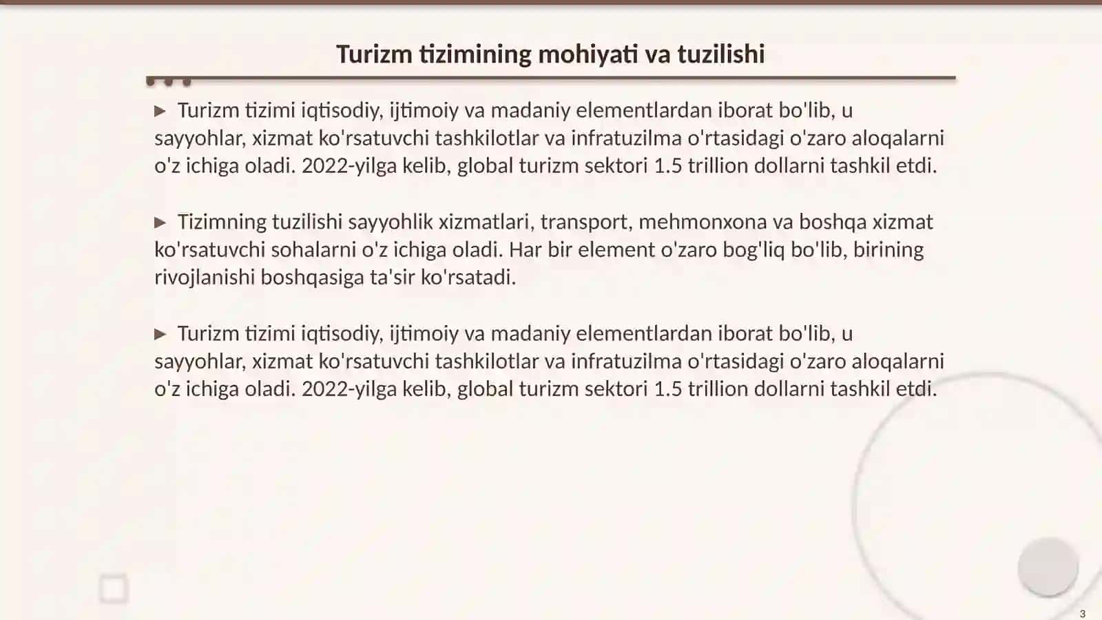 Turizm tizimi oʻrganish obyekti sifatida shakllanish xususiyatlari 3