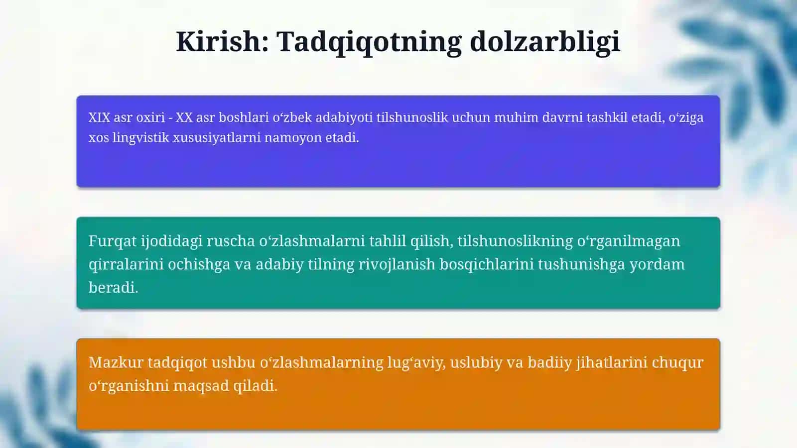 Furqat she'riyatidagi ruscha ozlashmalar bilan ishlash, tahliliy ma'lumotnoma tayyorlash 3