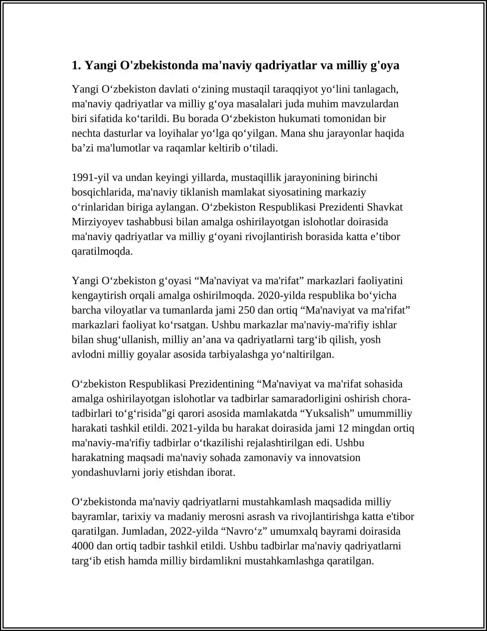 YANGI O'ZBEKISTONDA AMALGA OSHIRILAYOTGAN MA'NAVIY O'ZGARISHLAR 3