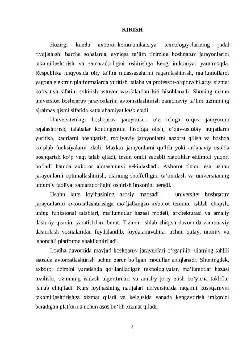UNIVERSITET BOSHQARUV JARAYONLARINI AVTOMATLASHTIRISH TIZIMI UCHUN TALABLARNI SHAKLLANTIRISH 3