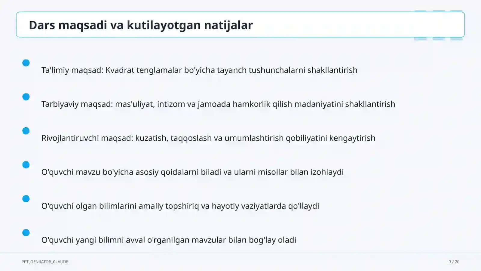 Kvadrat tenglamalar (8-sinf) 3
