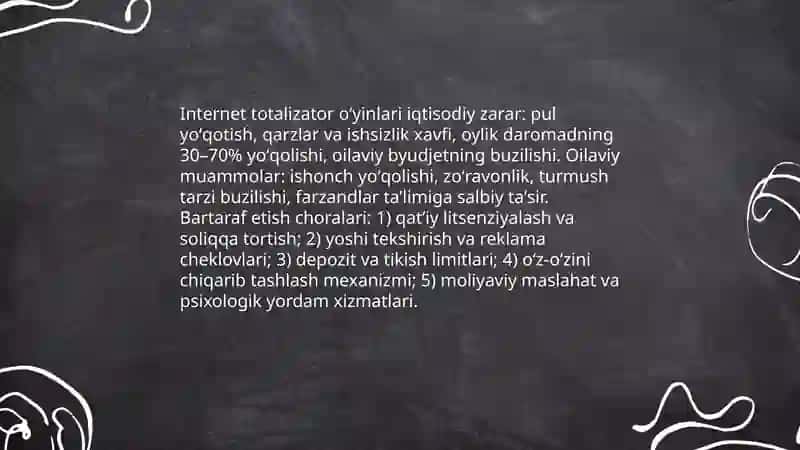 Internet tarmogʻida totalizator oʻyinlarining salviy oqibatlari va ularni bartaraf etish yoʻllari 3