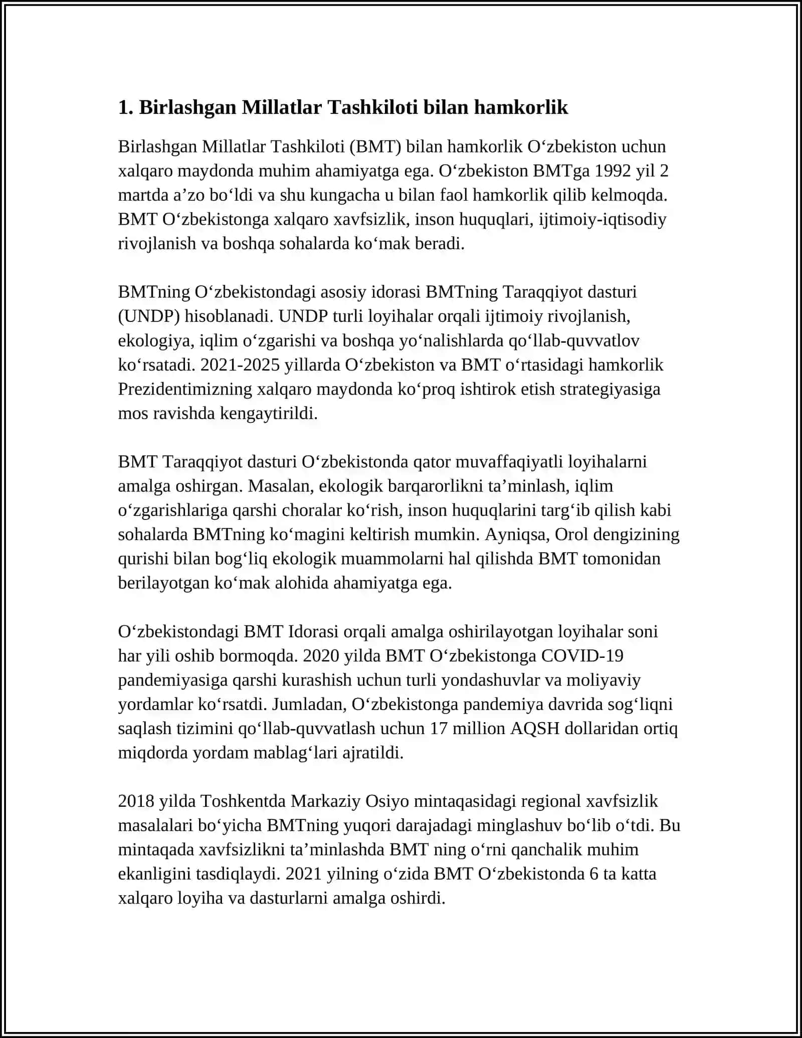 O'ZBEKISTONNING XALQARO TASHKILOTLAR VA XORIJIY DAVLATLAR BILAN HAMKORLIGI 3