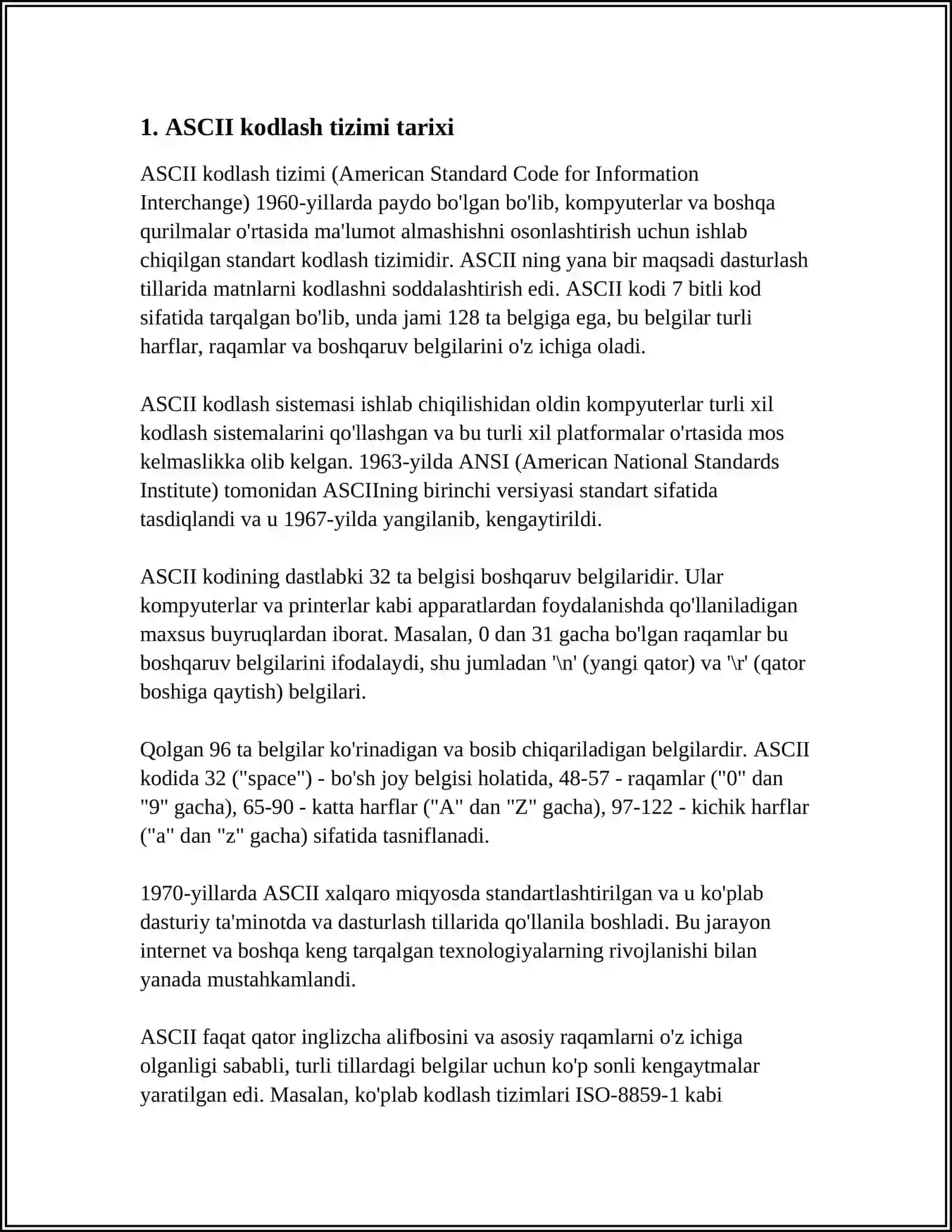 MATNLI AXBOROTLARNI KODLASH.ASCII VA UNICODE KODLASH TIZIMLARI 3