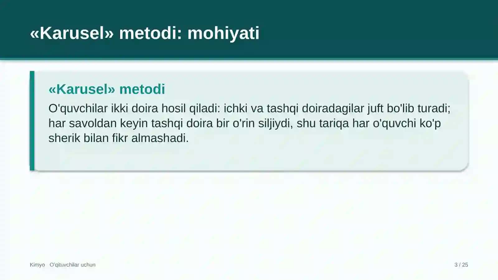 kimyo darslarida karusel metodidan foydalanish 3180 3