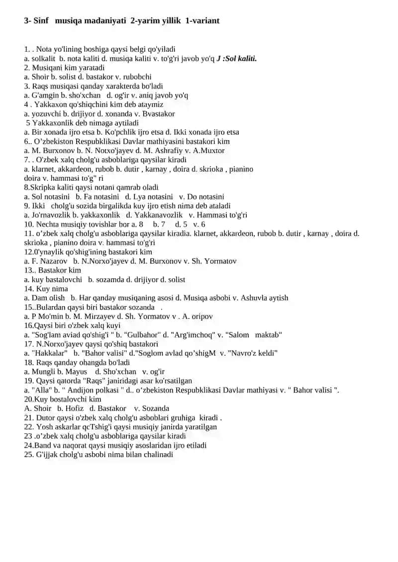 3- Sinf musiqa madaniyati 1-yarim yillik 1-variant 3