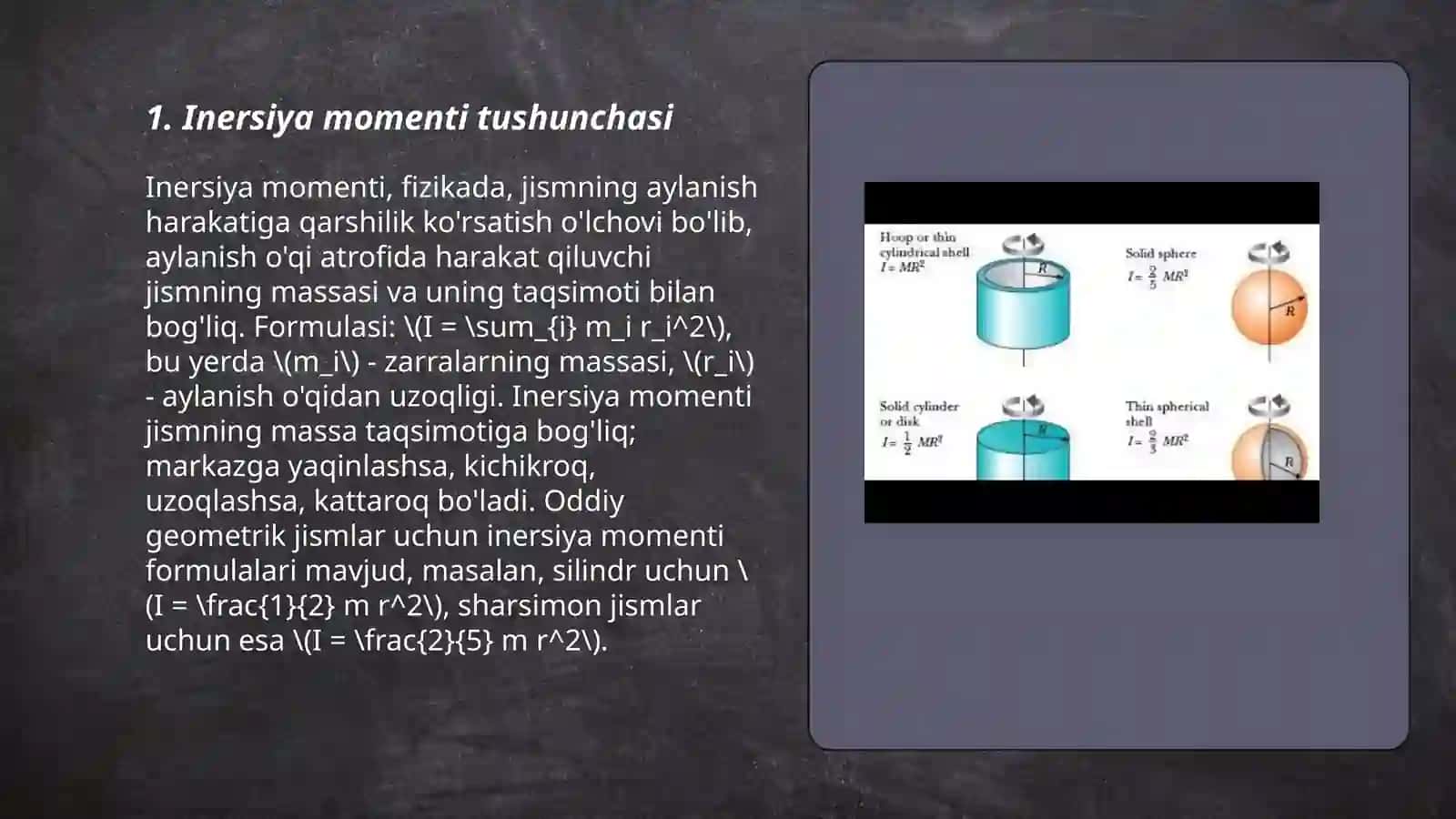 Turli shakldagi jismlarning inersiya momenti uni hisoblash usullari 3