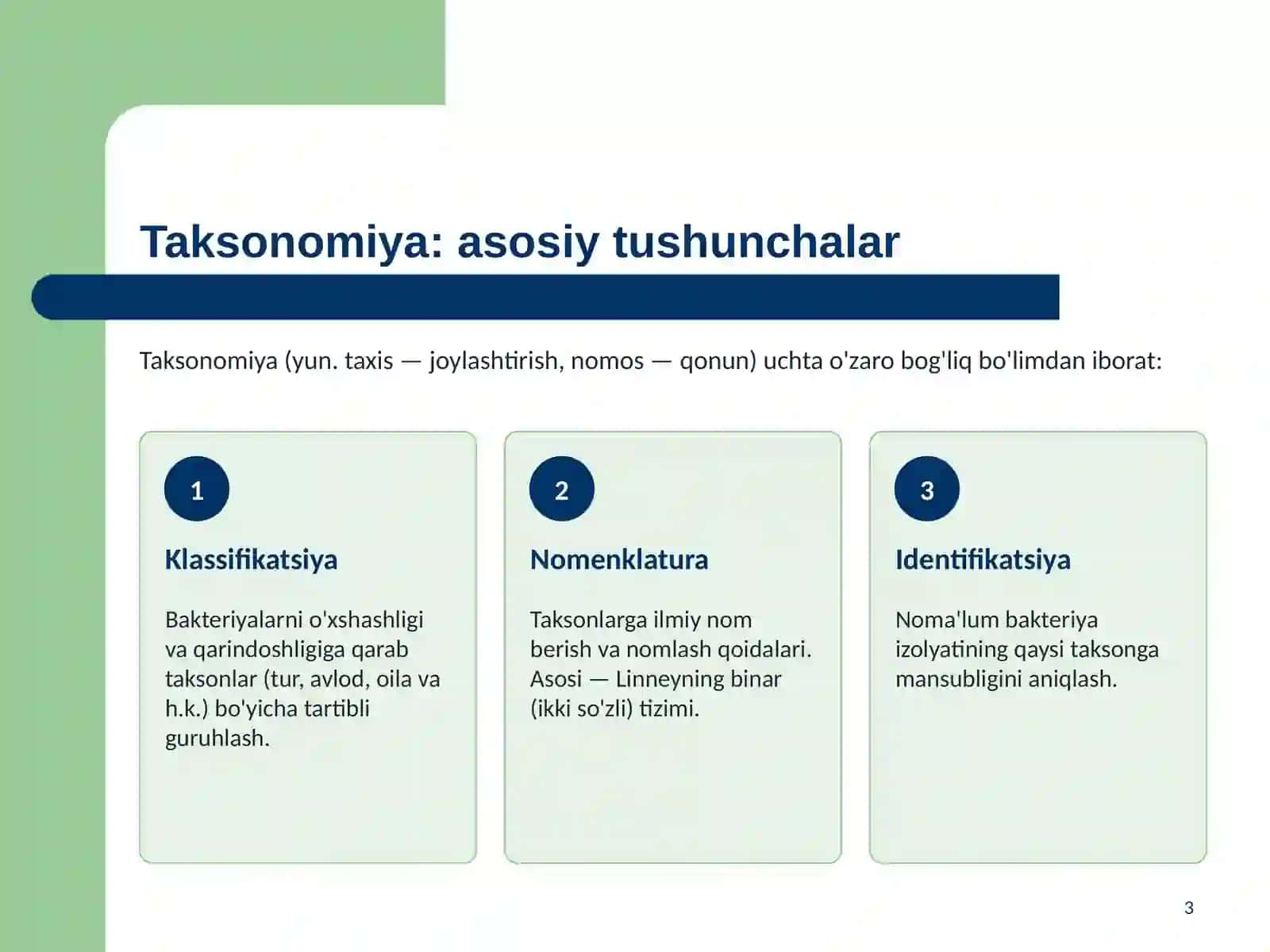 Bakteriyalami klassifikatsiyasi, toksonomiyasi va nomenklaturasi. “Berji” aniqlagichi. Bakteriyalami klassitikatsiyasiga kiritilmagan lekin amaliyotda qo‘llaniladigan tur ichidagi variantlari. (serovar, xemovar, fagovar, fermentovar va boshq) 3