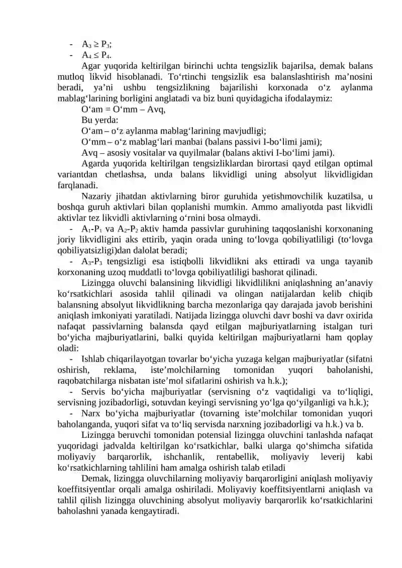 Balans tarkibi asosida Lizingga oluvchini tanlash 3