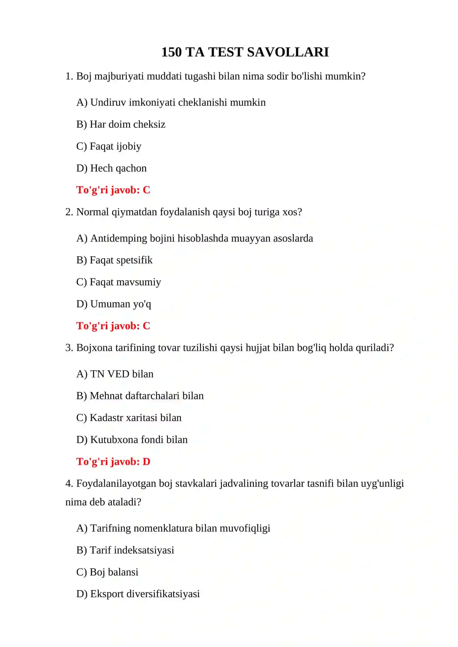 BOJXONA TARIFLARI TESTLARI 3