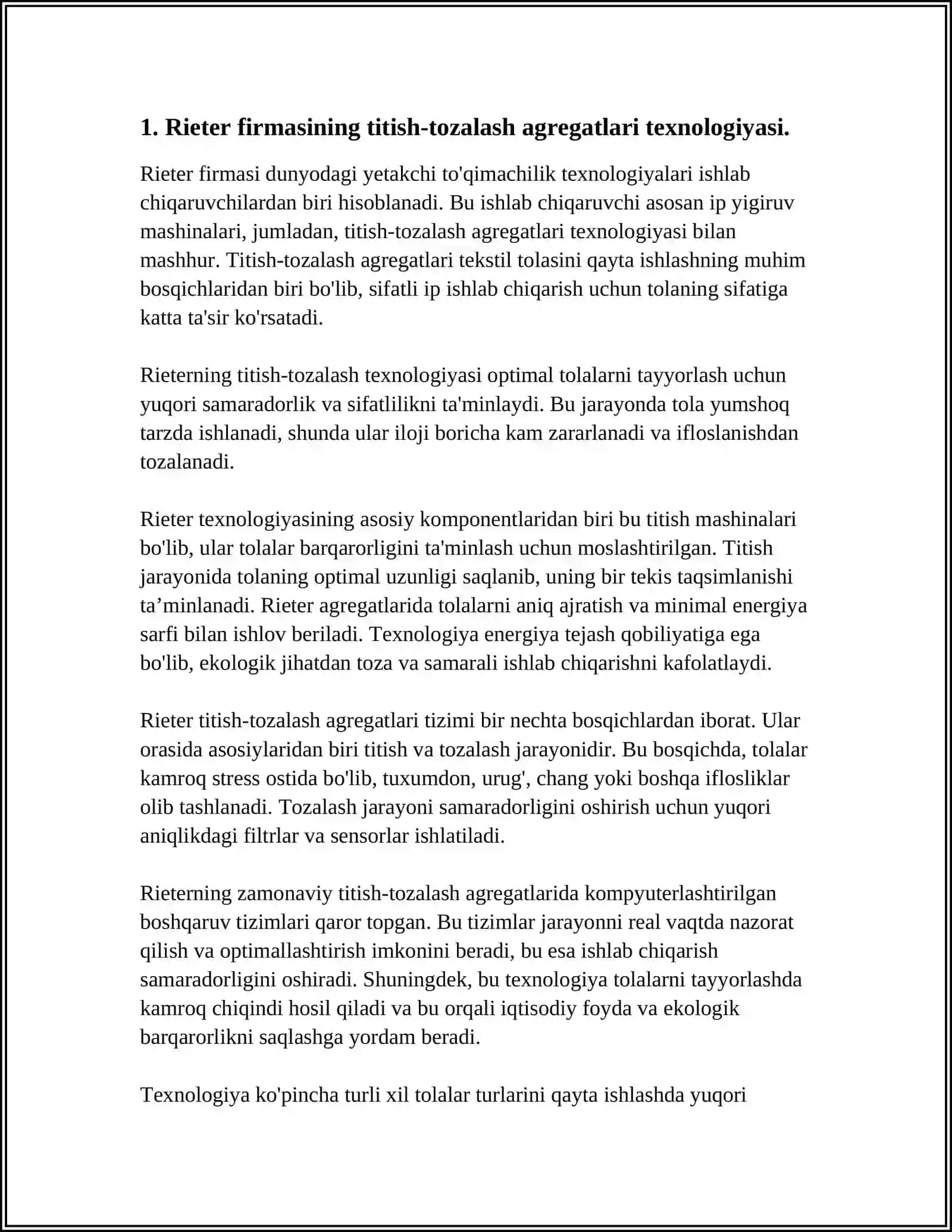 11.“RIETER” FIRMASINING TITISH-TOZALASH AGREGATLARINI QIYOSIY TAHLILI 3