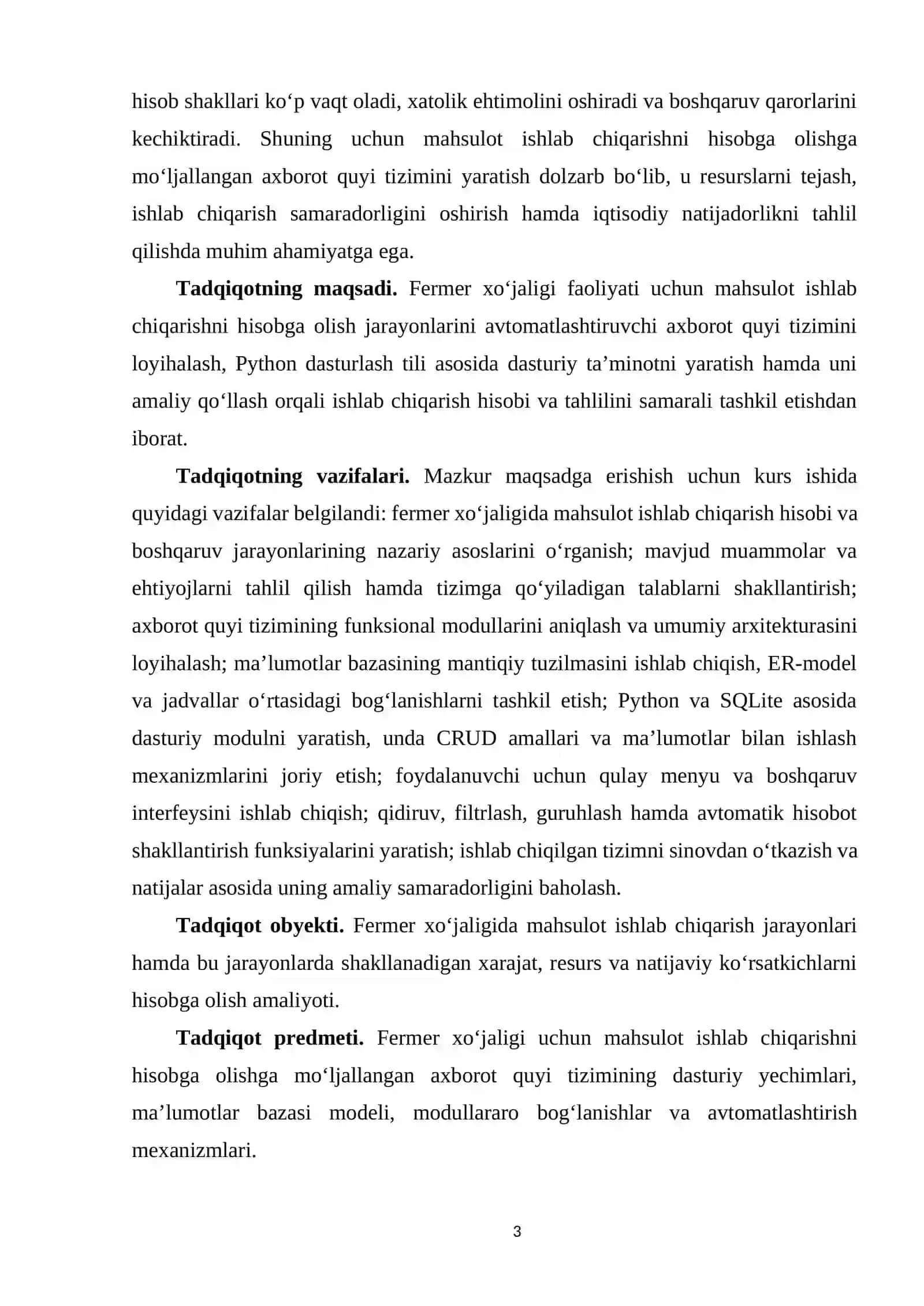 FERMER XO‘JALIGI MISOLIDA MAHSULOT ISHLAB CHIQARISHNI HISOBGA OLISHNING AXBOROT QUYI TIZIMINI ISHLAB CHIQISH VA JORIY ETISH 3