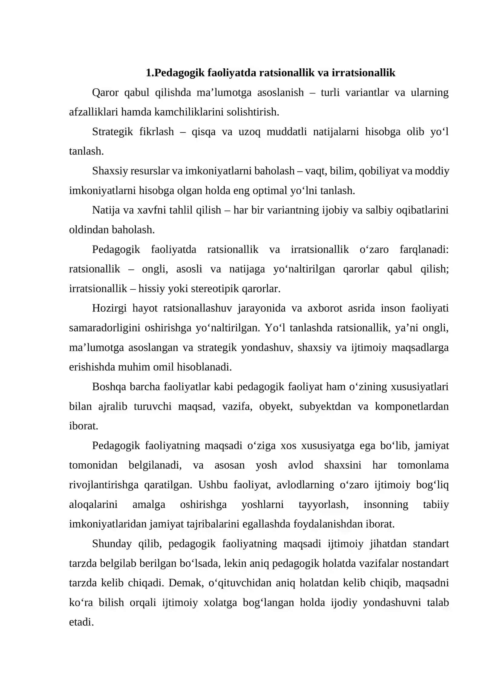 PEDAGOGIK FAOLIYATDA RATSIONALLIK VA IRRATSIONALLIKNING O'ZIGA XOS JIHATLARI. HOZIRGI HAYOTNING RATSIONALLASHUVI. YO'L TANLASHNING RATSIONALLIGI. 3
