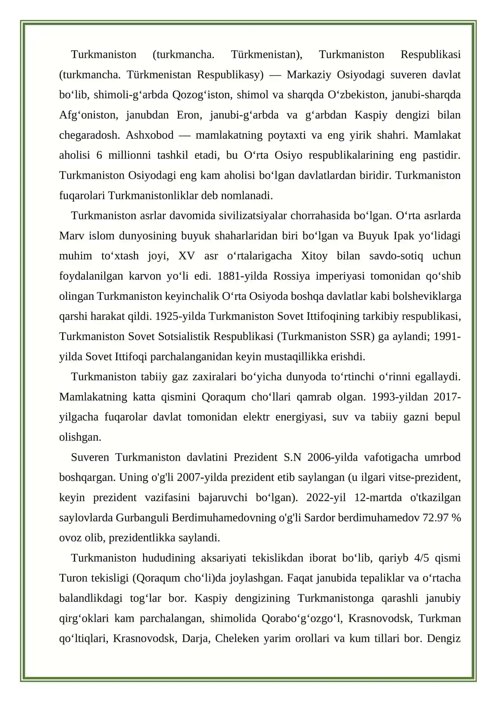 Turkmanistonning ekalogik boshqaruvi ekalogik nazorat va Òzbekiston bilan ekalogik hamkorligi 3