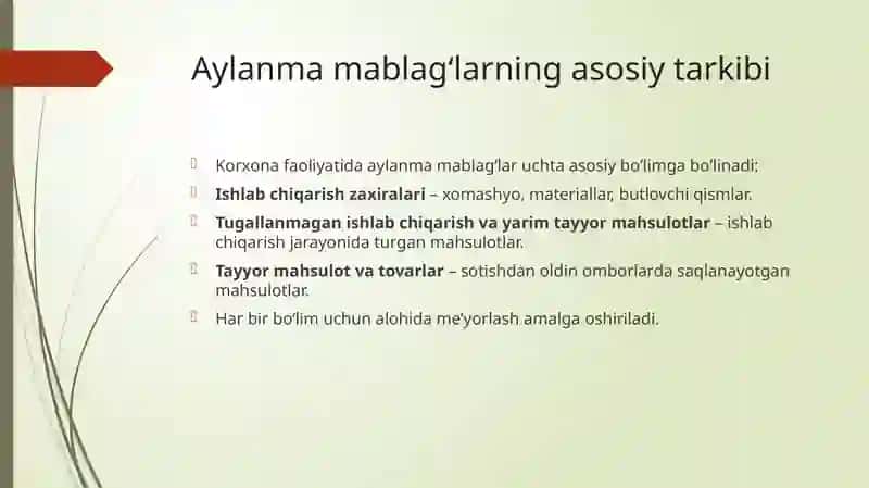 Korxonaning aylanma mablag'larini meyorlash ko'rsatkichlarini hisoblash 3