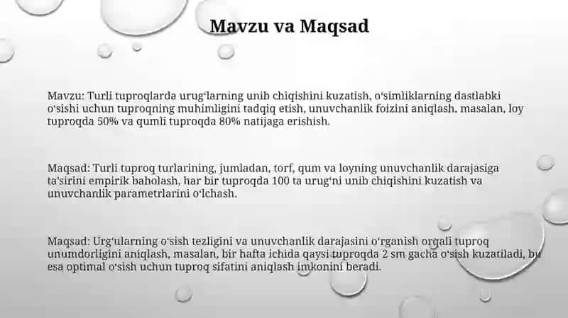 Urug'larning turli tuproqlarda unib chiqishini tajribadan kizatish va natijalarni javobga kiritish 3
