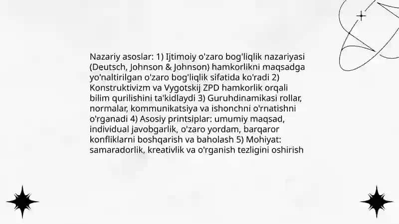 Guruhlarda hamkorlikda ishlashni tashkil etish texnikalarining mohiyati va ahamiyati 3