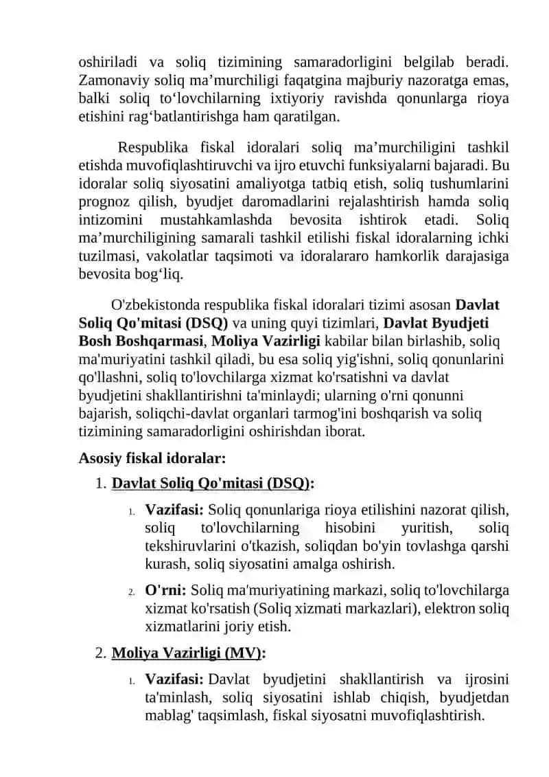 Respublika fiskal idoralari tizimi va ularning soliq ma’murchiligini tashkil qilishdagi o’rni 3
