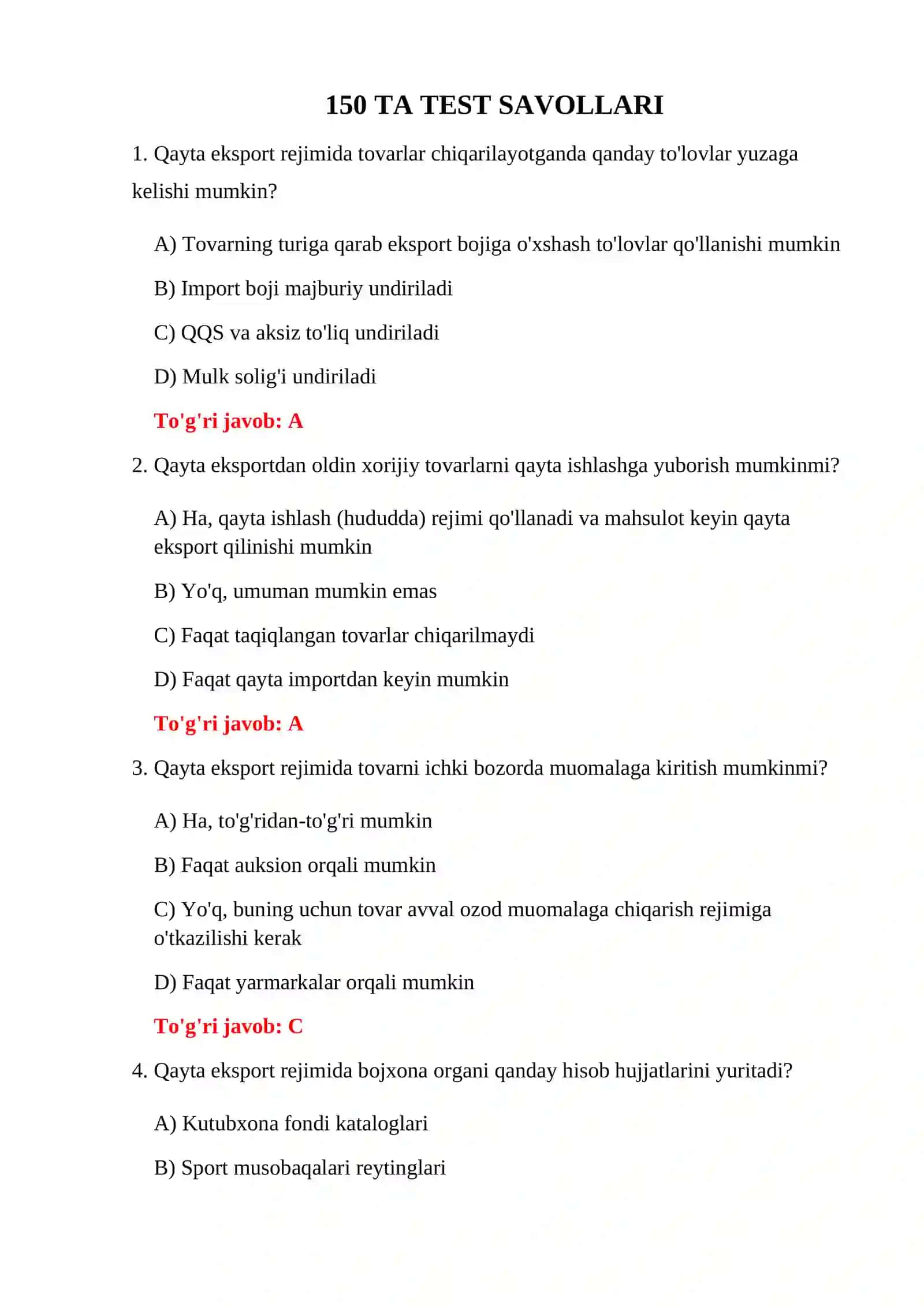 BOJXONA REJIMLARINING TURLARI TESTLARI 3