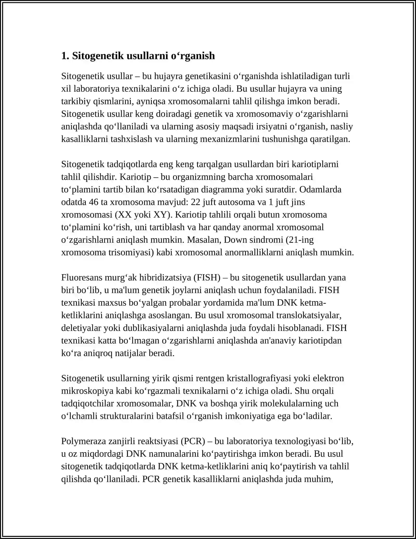 GENETIKASINING O‘RGANISH USULLARI: SITOGENETIK, DERMATOGLIFIKA,BIOKIMYOVIY. PRENATAL DIAGNOSTIKA 3