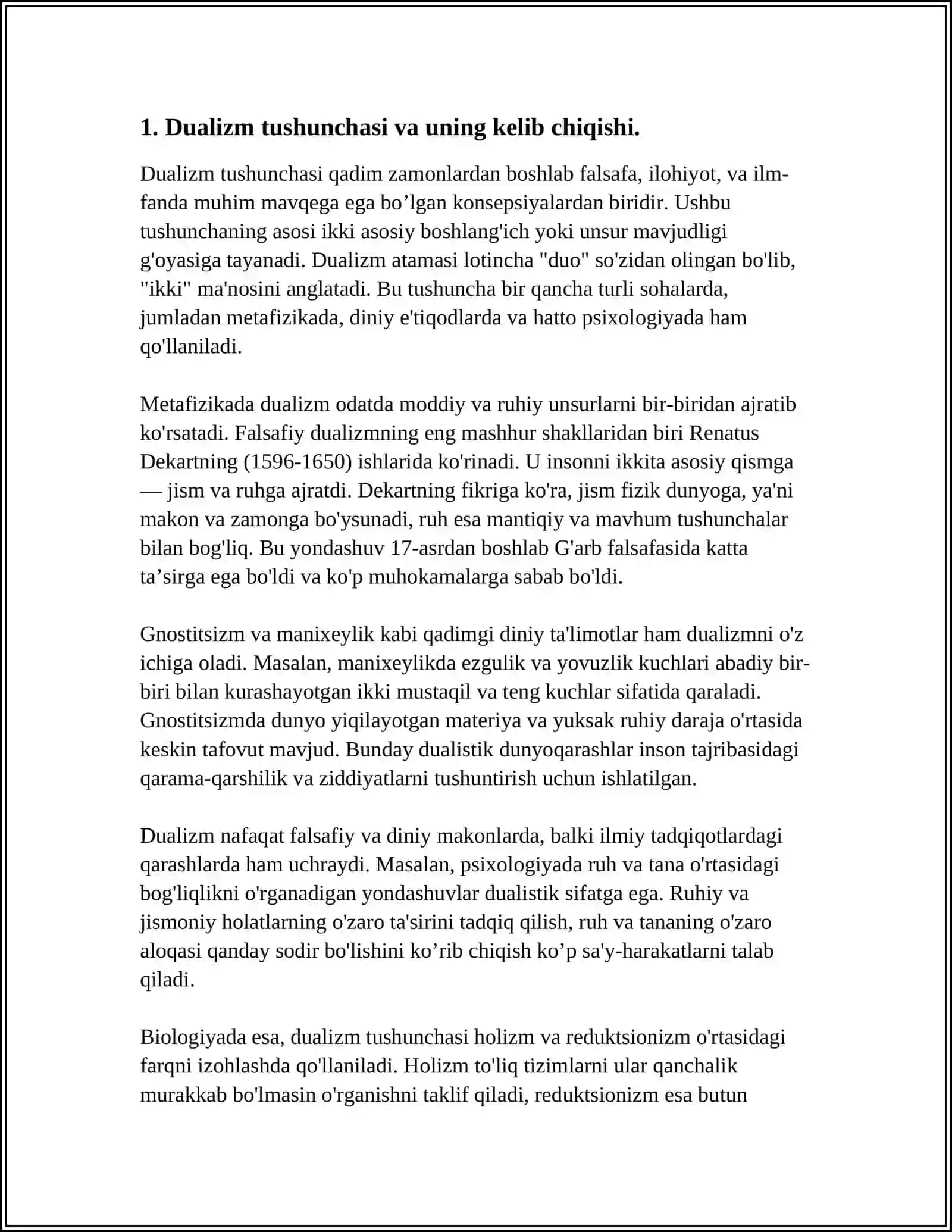INSONNING TSHUNISHGA DUALIZM VA MONIZM NUQTAI NAZARIDAN YONDASHUV 3