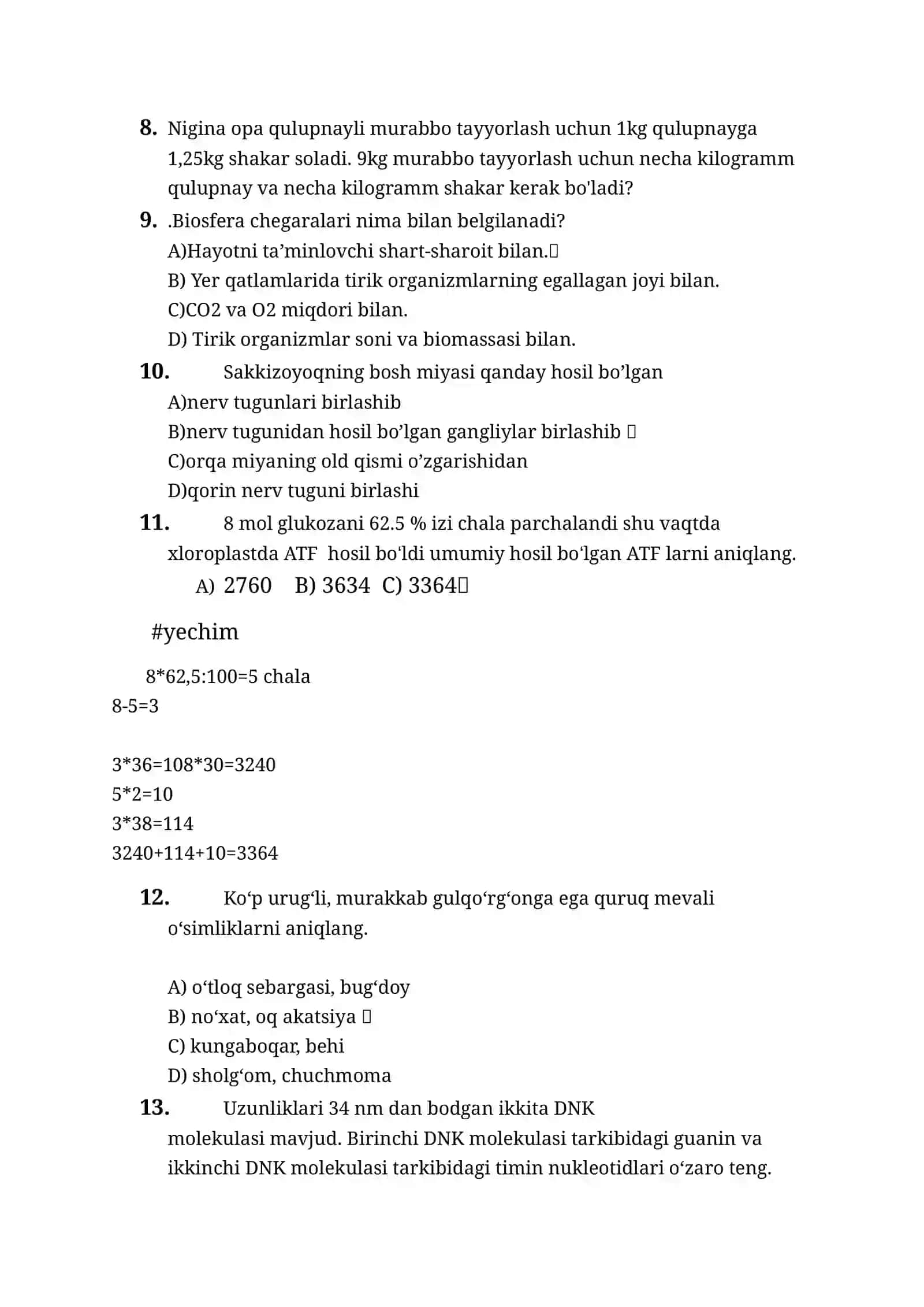 Biologiya 14-iyil 1-smenada tushgan savollar 3