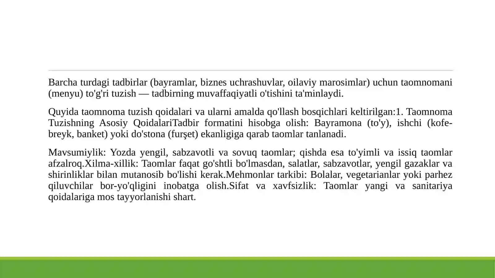 Barcha o‘tkazilgan tadbirlarga mo'ljallangan taomnomani tuzish qoidalarini amalda bajarish 3