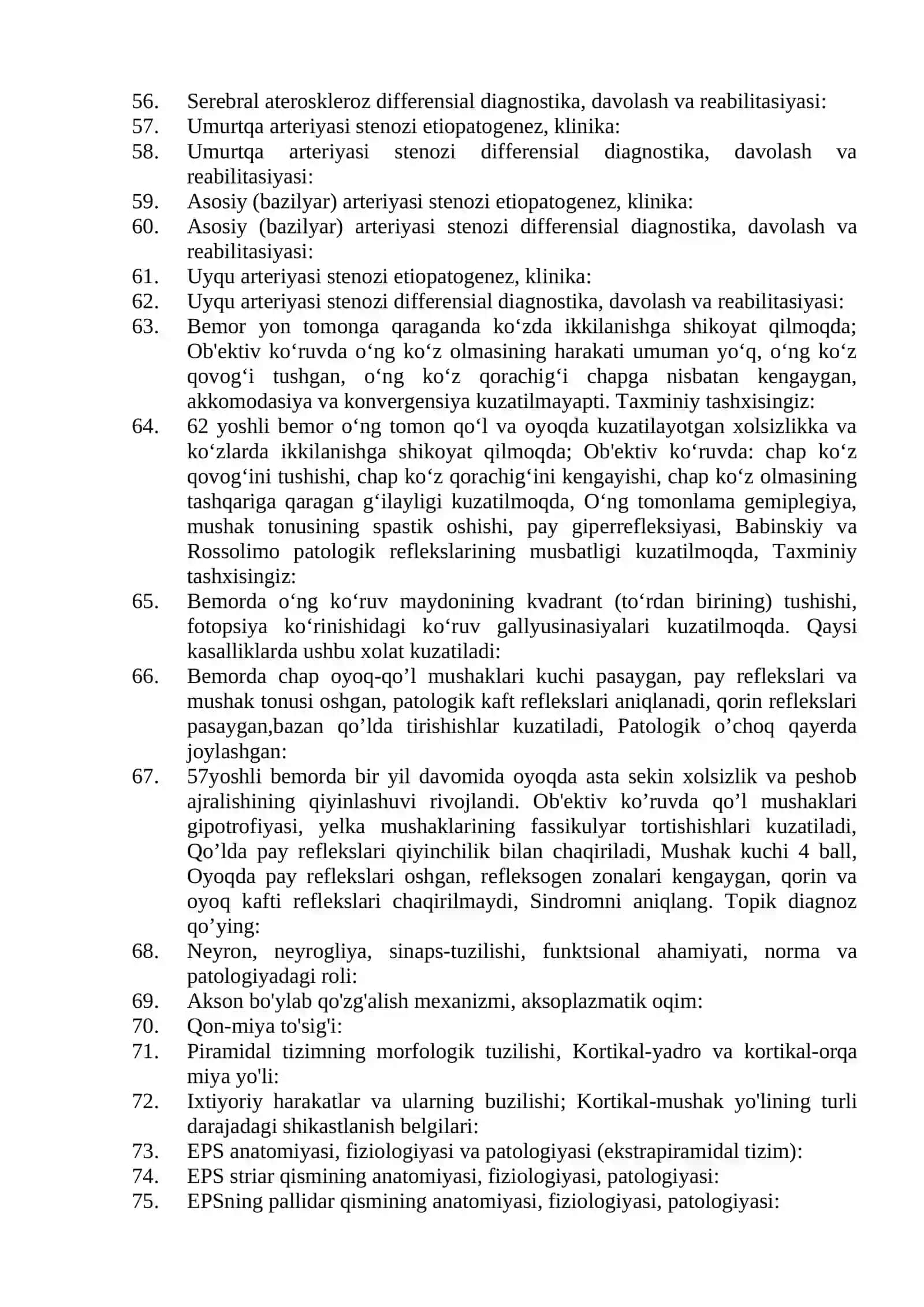Nevrologiya mutaxassisligi bo’yicha shakllantirilgan og’zaki savollar ro’yxati 3