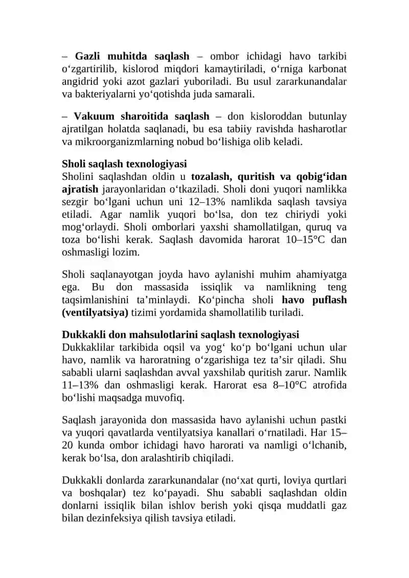 Sholi va dukkakli don maxsulotlarini saqlash omborlari, usullari va texnologiyasi. 3