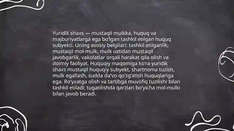 Yuridik shaxs tushunchasi va huquqiy maqomi 3