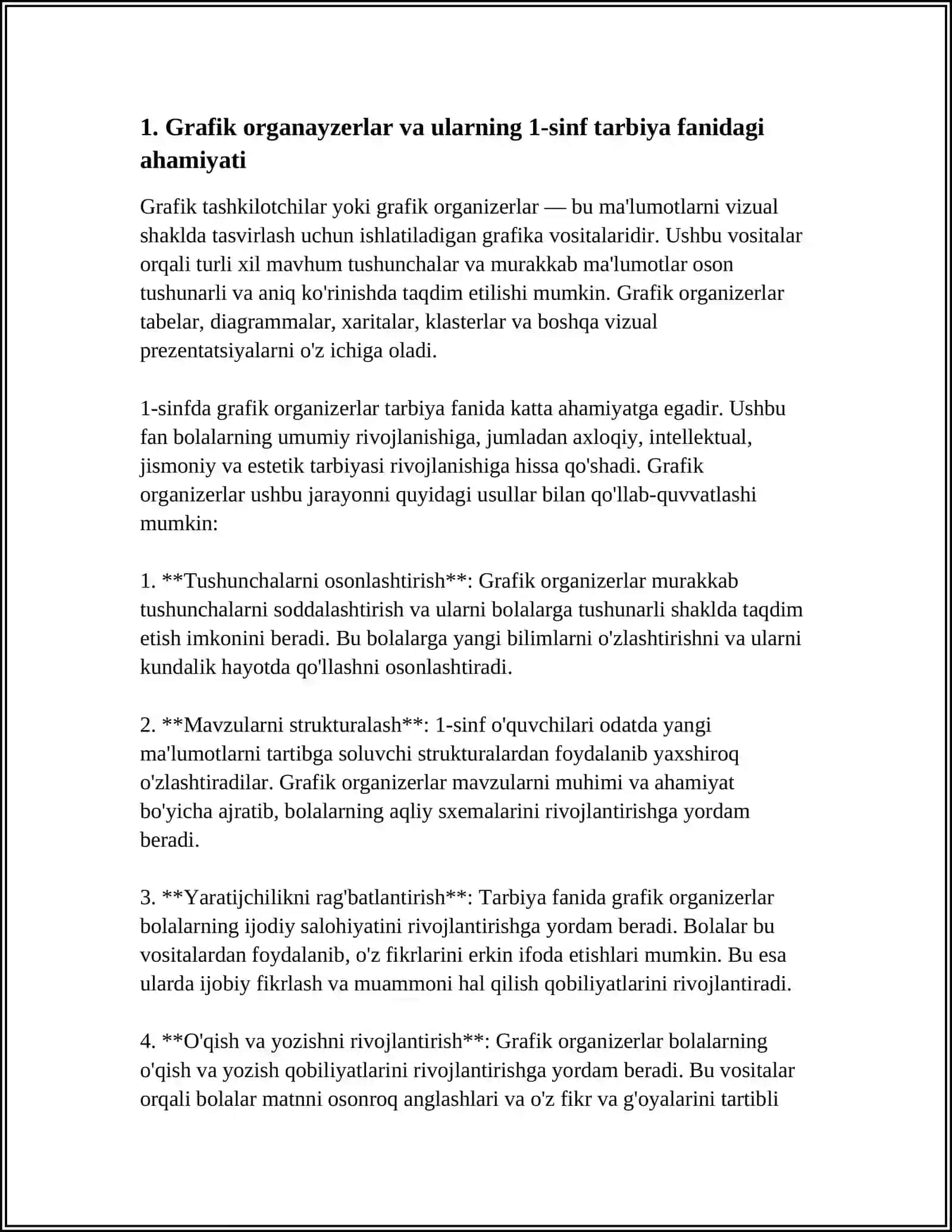 INNOVATSION O‘QITISHDA GRAFIK ORGANAYZERLARNI 1-SINF TARBIYA FANI MAVZUSIDA AKS ETTIRISH 3