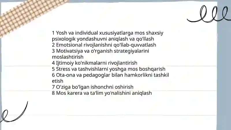 Yosh va individual xususiyatlariga ko'ra psixologik maslahat va psixokorrektsiya maqsadi va vazifalari, keskin va teran muammolar 3