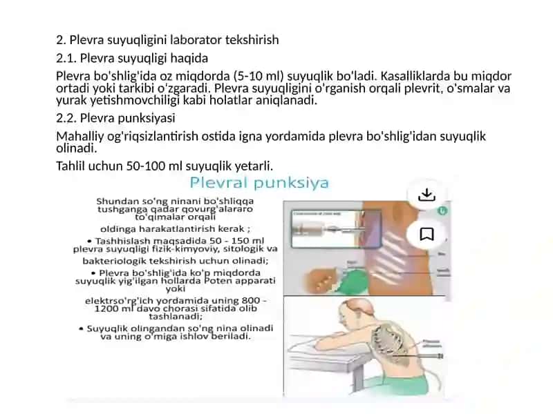 Balg'am va plevra suyuqligini labarator tekshirish. O'pkani funksional va instrumental tekshirish usullari: spirometriya, pnevmotaxometriya,oksigemometriya 3