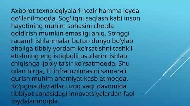 tibbiyotni raqamlashtirish.zamonaviy axborot texnologiyalarining tibbiyotda qo’llanishi. Axborot kommunikatsion texnologiyalarini ta’lim sohasi, ishlab chiqarish va tibbiyotga tadbiq etish 3