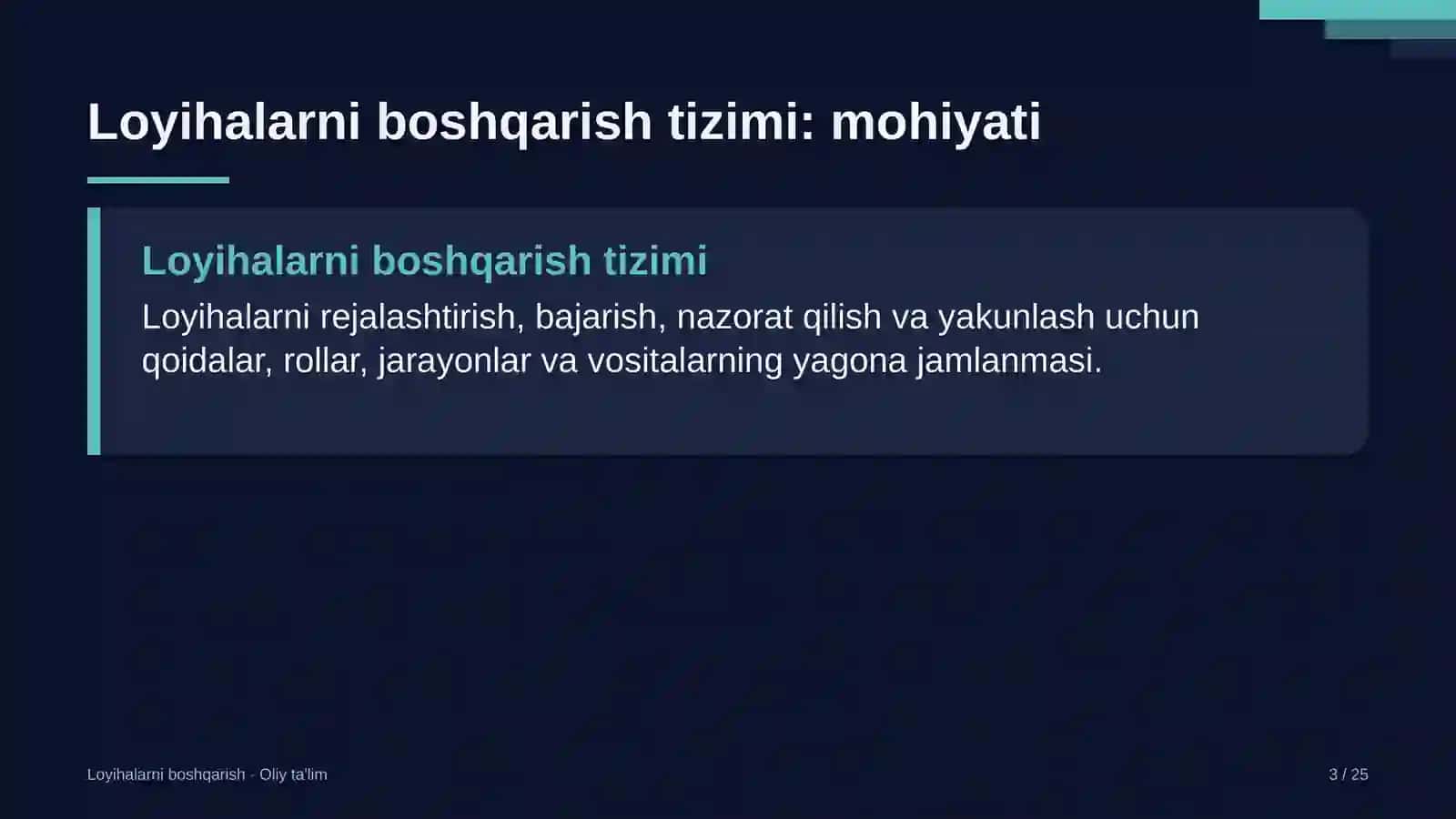 Loyihalarni boshqarish · Oliy ta'lim 3