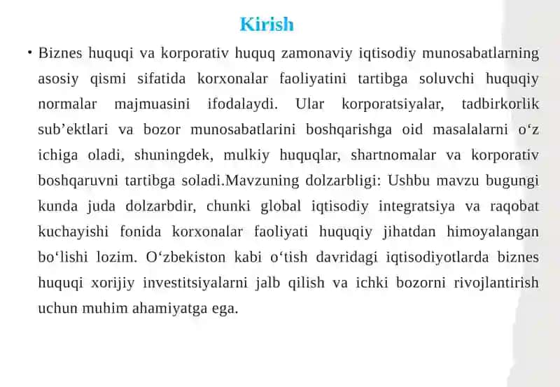 Bizneshuquqi, korporativ huquq tushunchasi, predmeti, tamoyillari va tizimi 3