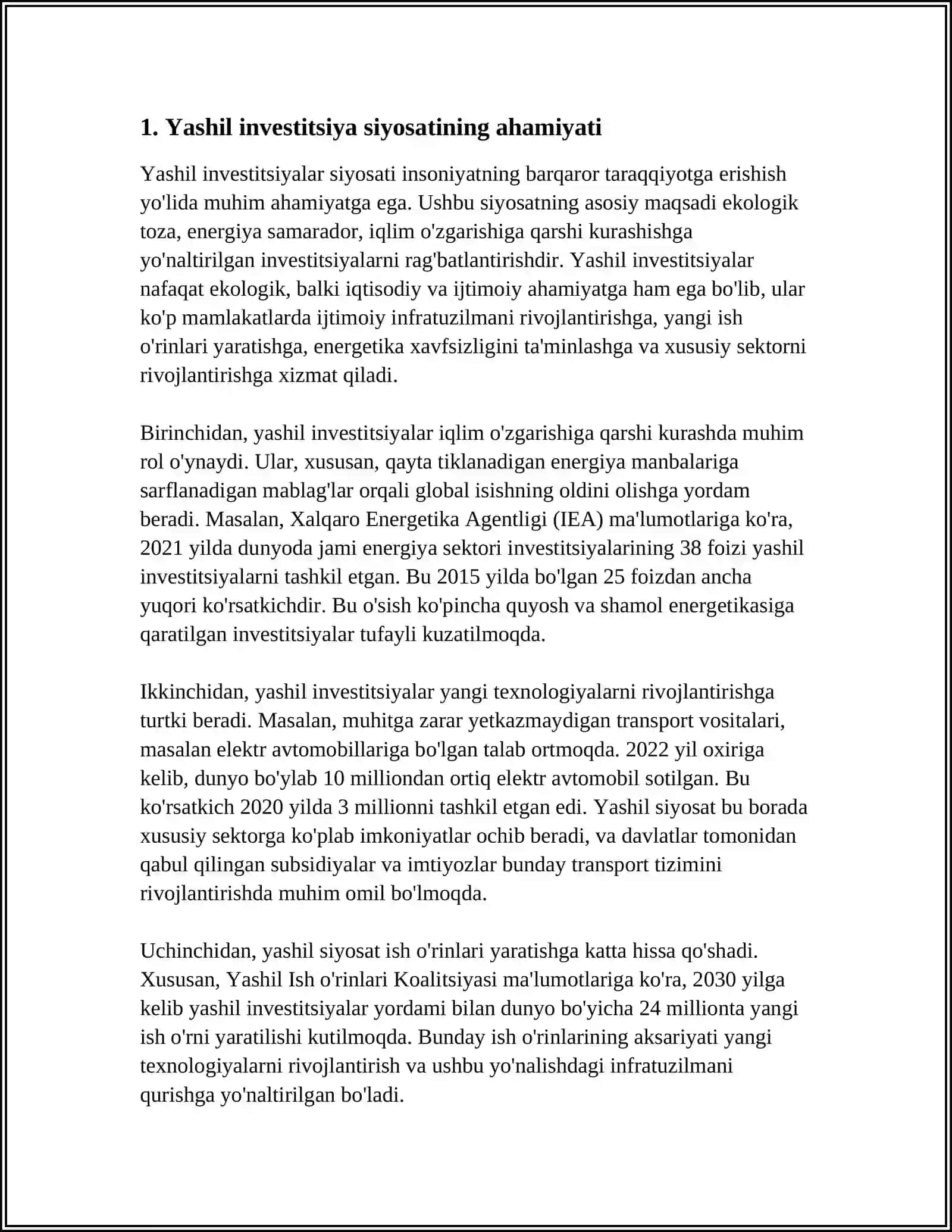 O’ZBEKISTON RESPUBLIKASIDA YASHIL INVESTITSION SIYOSATI VA INVESTITSION FAOLIYAT 3
