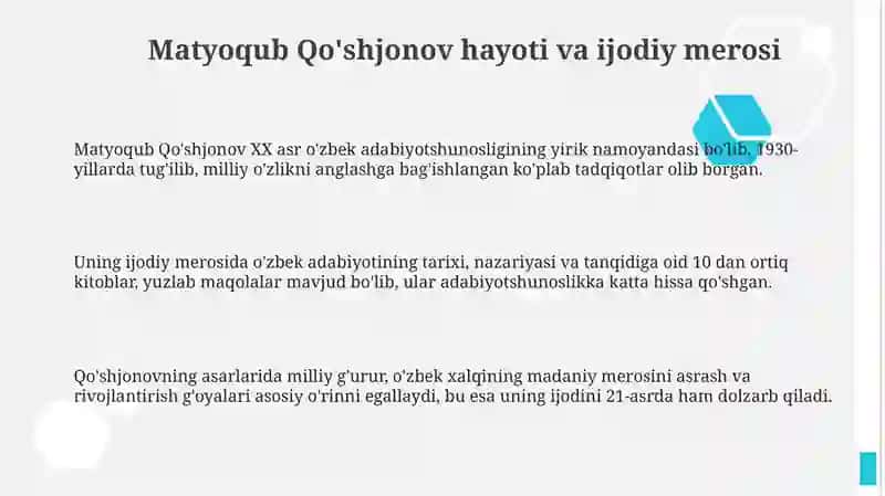 Matyoqub Qo'shjonovning ''Saylanma'' maqolalar to'plami va ''O'zbekning o'zligi'' asari tahlili 3