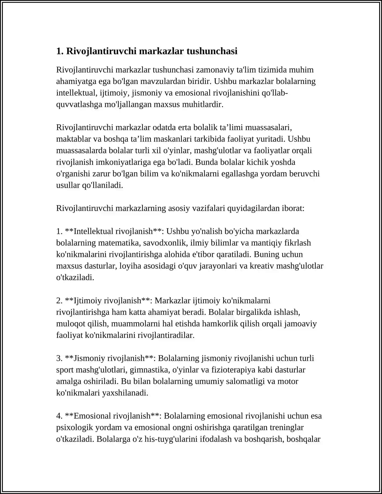 RIVOJLANTIRUVCHI MARKAZLARNI TASHKIL QILISH TEXNOLOGIYALARI METODOLOGIK VA NAZARIY ASOSLARI. RIVOJLANTIRUVCHI MARKAZLARNI TASHKIL QILISH TEXNOLOGIYALARI KURSINING PREDMETI, MAQSADI VA VAZIFALARI OBʼEKTI, TAMOYILLARI 3