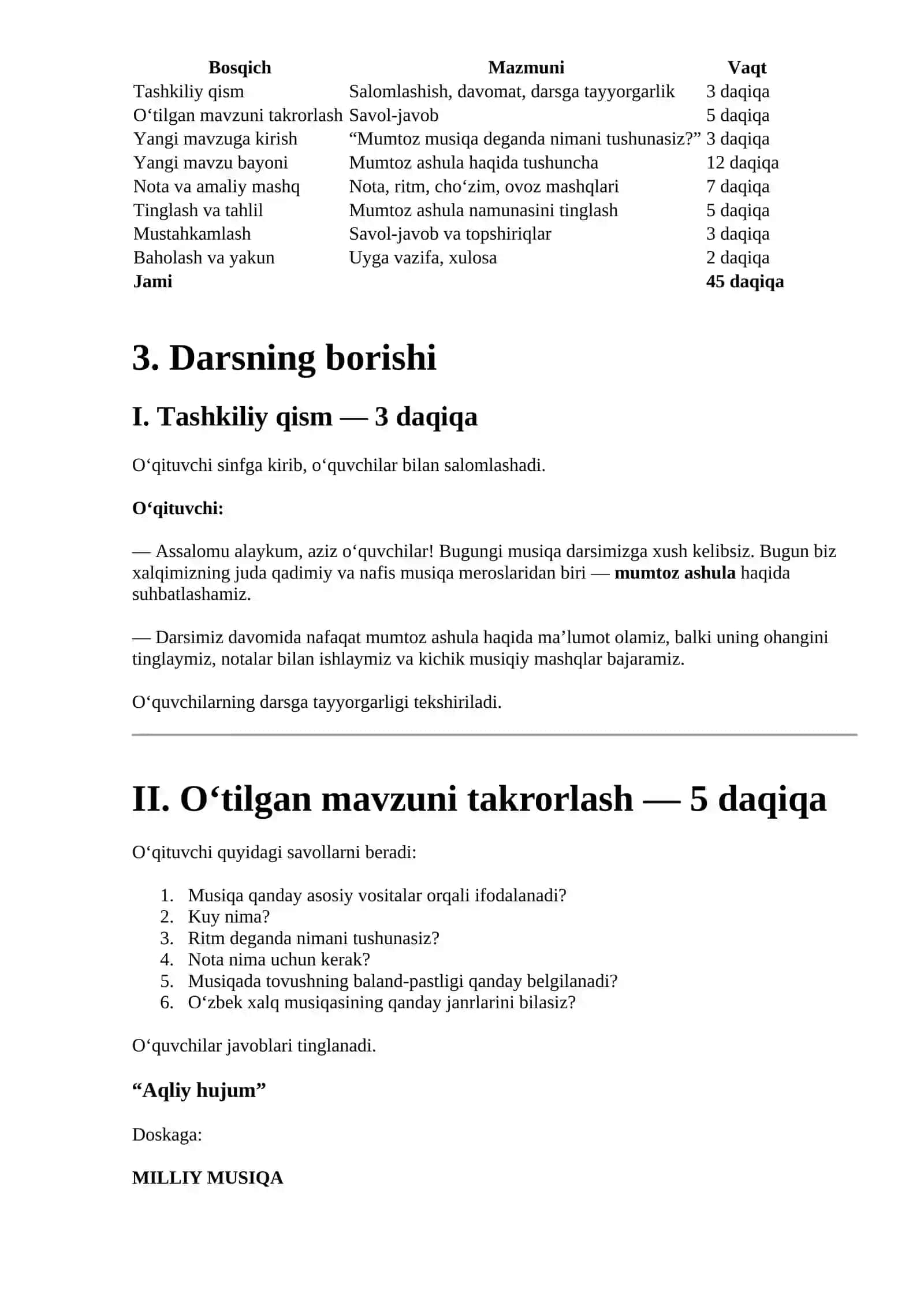 Musiqa fani o’qituvchisi "Mumtoz ashula" dars ishlanmasi 3