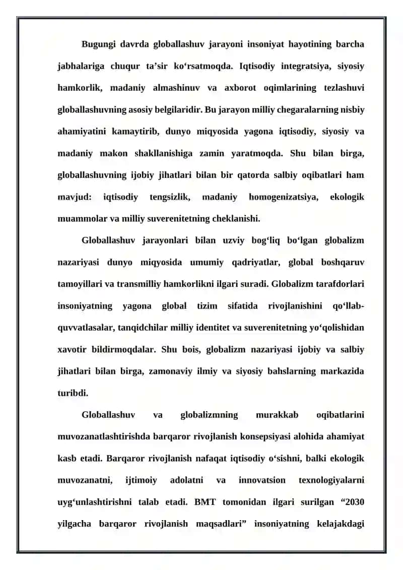 Globallashuv, globalizm va barqaror rivojlanishning ustuvor yo`nalishlari 3