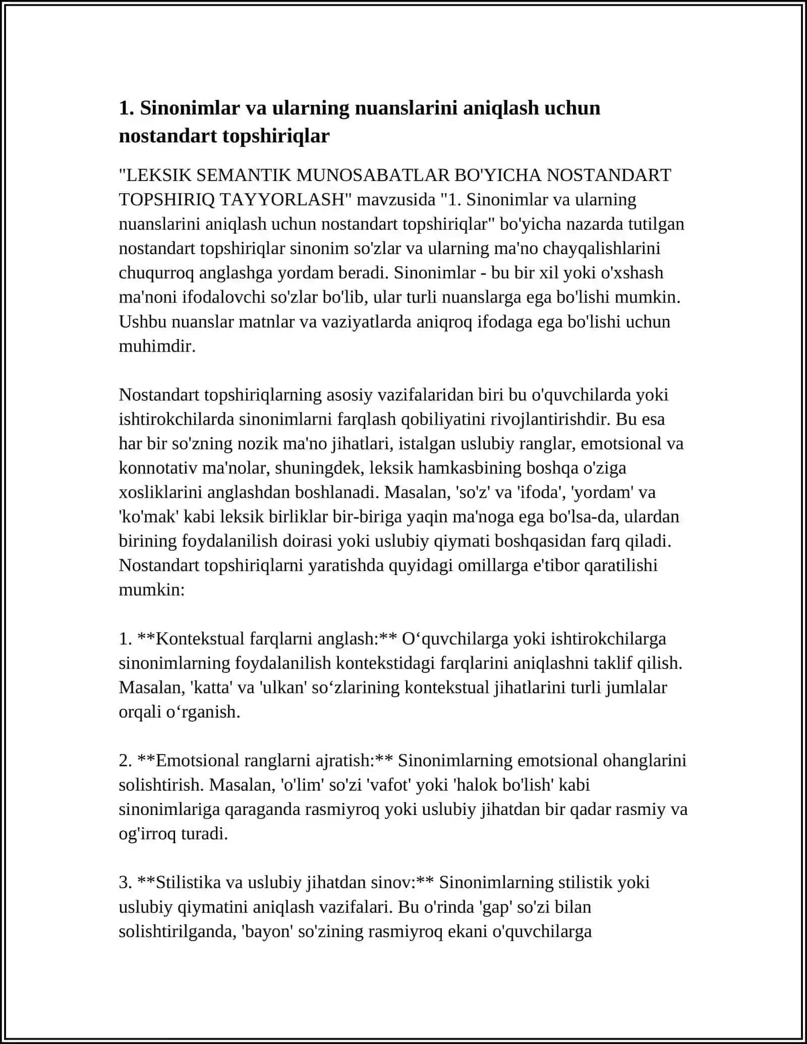 LEKSIK SEMANTIK MUNOSABATLAR BO'YICHA NOSTANDART TOPSHIRIQ TAYYORLASH 3