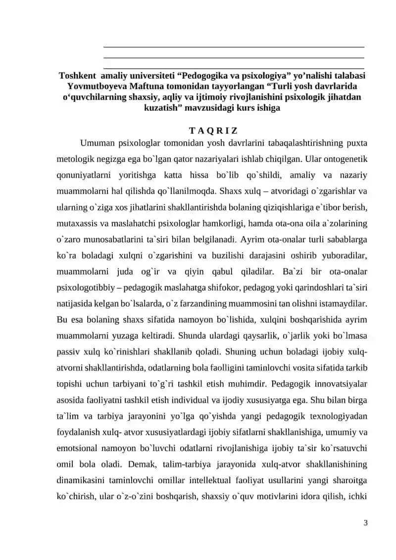 TURLI YOSH DAVRLARIDA O‘QUVCHILARNING SHAXSIY, AQLIY VA IJTIMOIY RIVOJLANISHINI PSIXOLOGIK JIHATDAN KUZATISH 3
