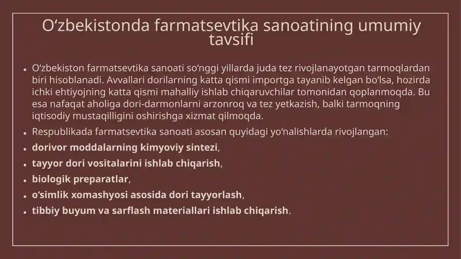 O'zbekistonda farmatsevtik ishlab chiqarish korxonalari va ularning turlari 3