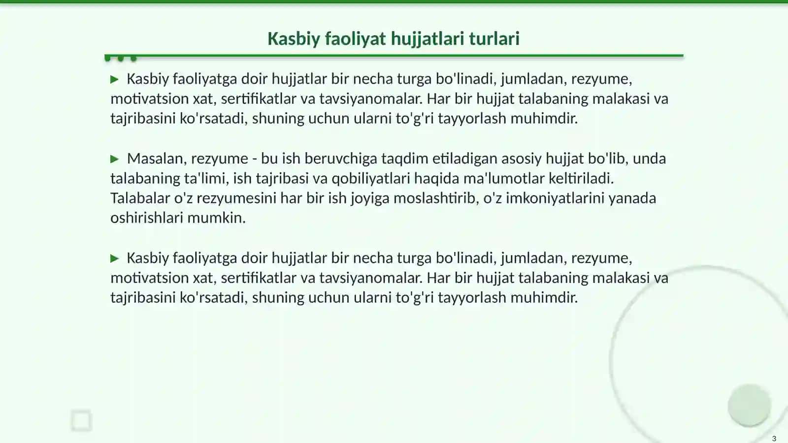 Kasbiy faoliyatga doir hujjatlar yigʻma jildini shakllantirish 3